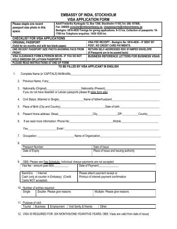 EMBASSY OF INDIA, STOCKHOLM VISA APPLICATION FORM