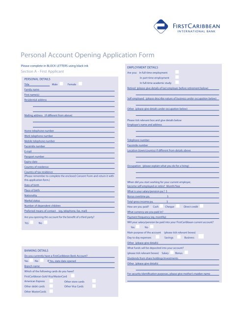 Personal Account Opening Application Form Firstcaribbean Personal Account Opening Application Form Firstcaribbean