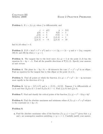 Calculus III Spring 2009 Exam 2 Practice Problems