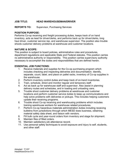 Job Title Head Warehouseman/Driver