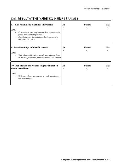 sjekkliste for vurdering av en oversiktsartikkel - Kunnskapssenteret