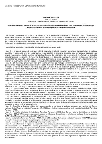 OMTCT nr. 2262/29.12.2005 - Autoritatea Feroviara Romana