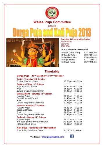Durga Puja 2013 Timetable - Wales Puja Committee