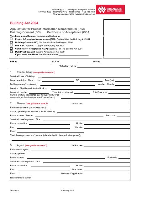 Building Consent, PIM, COA Application - Whangarei District Council