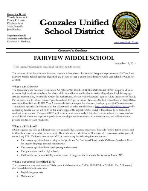 Program Improvement Letter Fairview Middle School - Gonzales ...