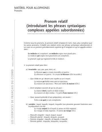 Pronom relatif (introduisant les phrases syntaxiques ... - ccdmd