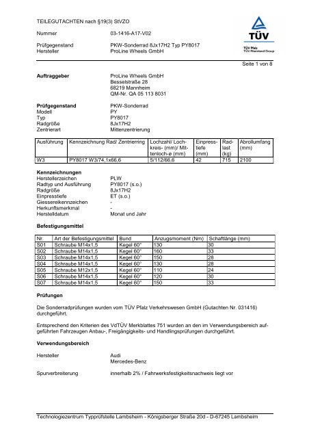 TEILEGUTACHTEN nach Â§19(3) StVZO Nummer 03-1416-A17-V02 ...