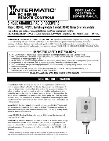 Intermatic RC613 Owners Manual - Inyo Swimming Pool Products