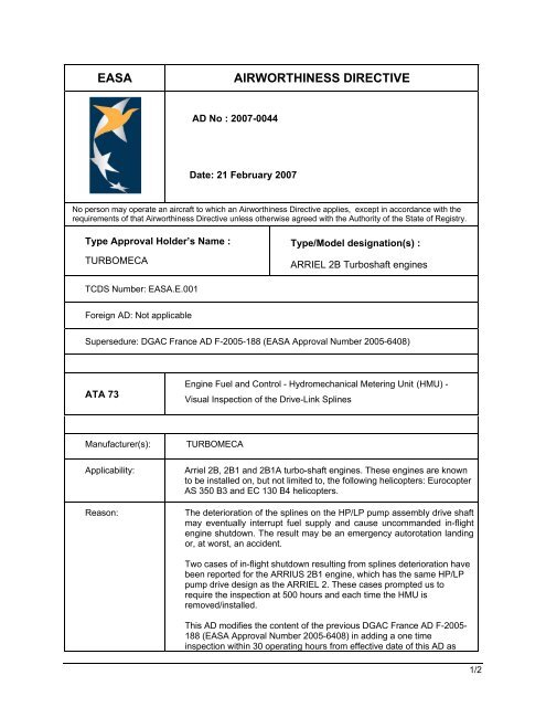 EASA AIRWORTHINESS DIRECTIVE