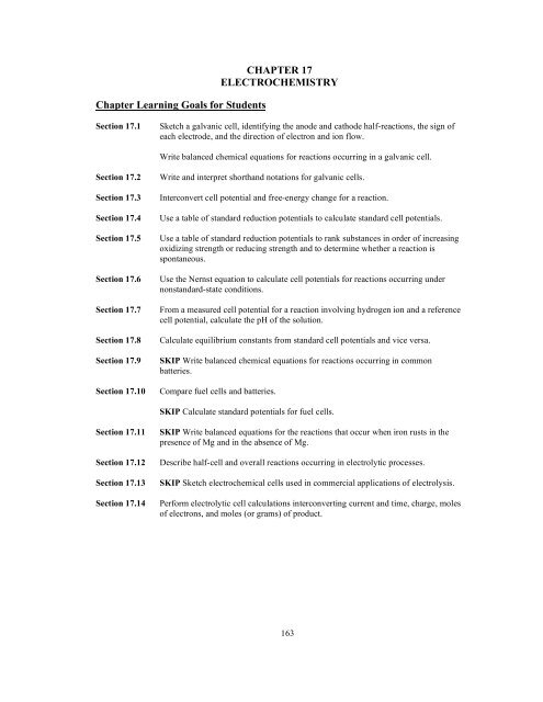 CHAPTER 17 ELECTROCHEMISTRY Chapter Learning Goals for ...