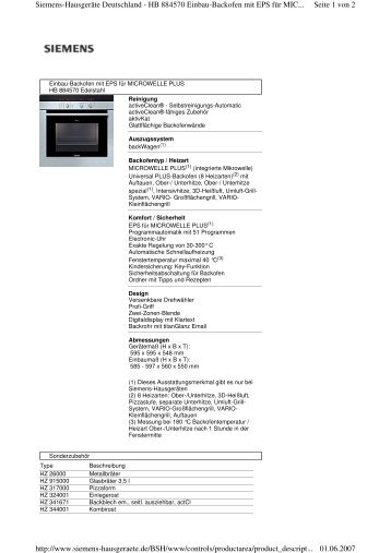 Seite 1 von 2 Siemens-Hausgeräte  Deutschland -  HB 884570 ...