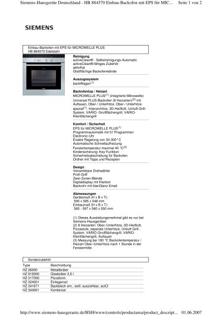 Seite 1 von 2 Siemens-Hausgeräte Deutschland - HB 884570 ...