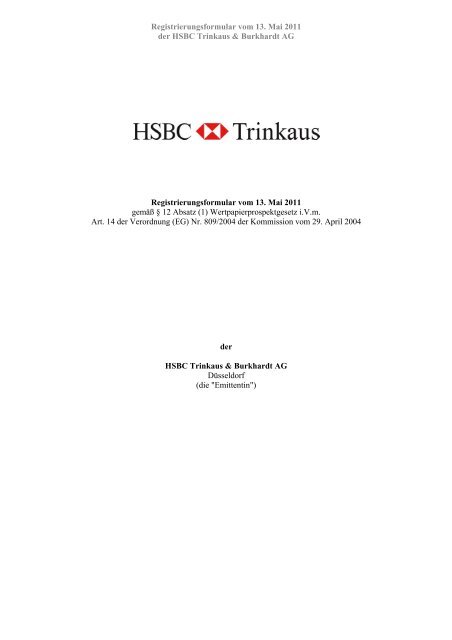 Registrierungsformular vom 13. Mai 2011 der HSBC Trinkaus ...