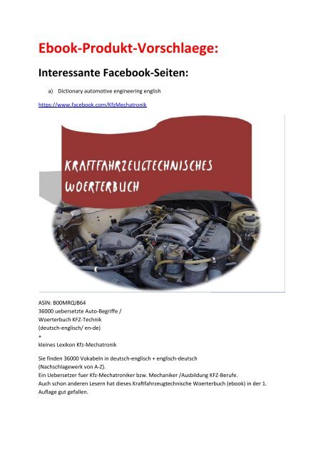 eBook-Produkt-Vorschlaege / Interessante Facebook-Seiten (Leseproben Kfz-Mechatronik Mediengestalter Business English Social Media Internet EDV