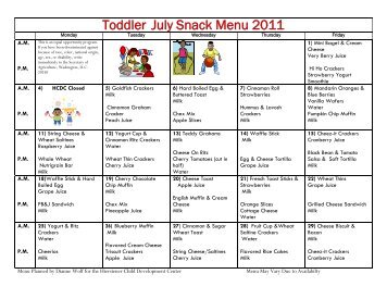 Preschool July Snack Menu 2013