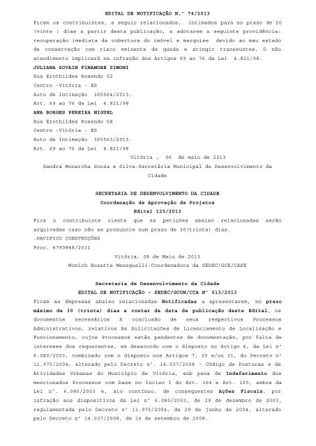 Atos Oficiais publicados em 11/05/2013 - Prefeitura de VitÃ³ria