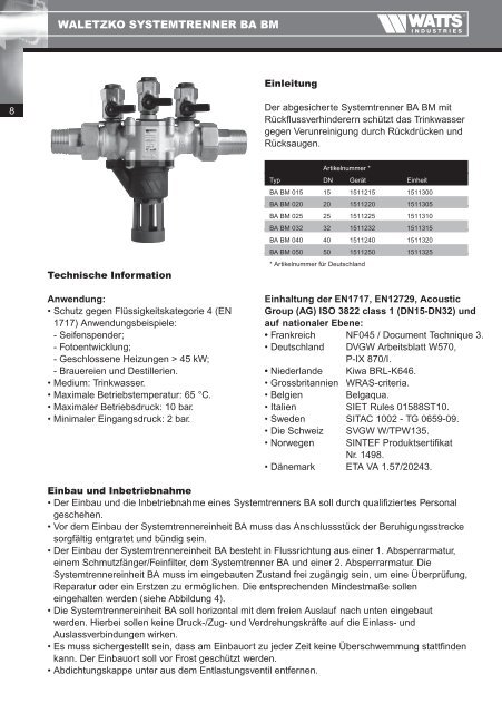 Technical manual Backflow preventers BA BM - Watts waterbeveiliging