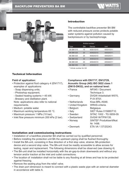 Technical manual Backflow preventers BA BM - Watts waterbeveiliging