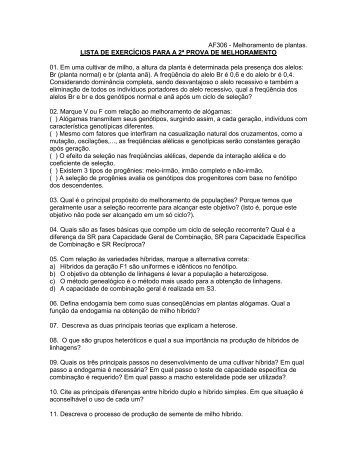 AF306 - Melhoramento de plantas. LISTA DE EXERCÍCIOS PARA A ...