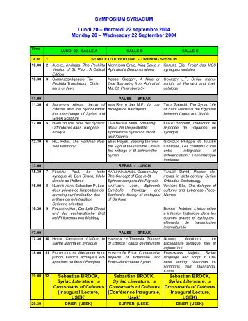 SYMPOSIUM SYRIACUM Lundi 20 â Mercredi 22 septembre 2004 ...