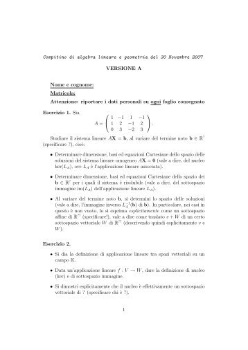 Compitino di algebra lineare e geometria del 30 Novembre 2007 ...