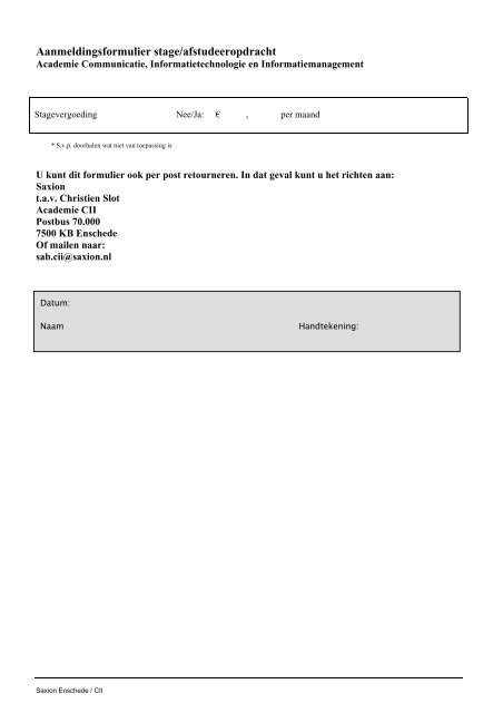 Aanmeldingsformulier stage/afstudeeropdracht - CII