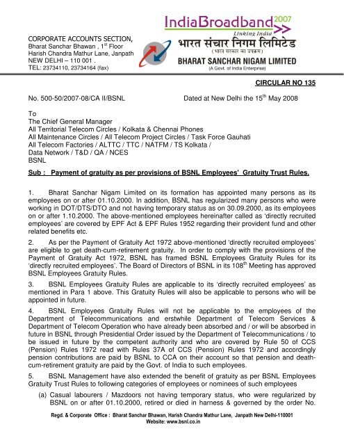 Gratuity payment - BSNL Employees Union...