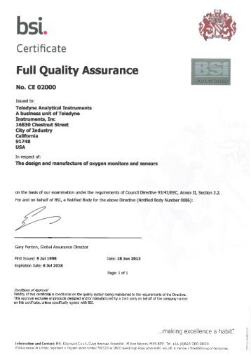 EC Quality Assurance Certificate - Teledyne Analytical Instruments