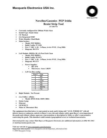 Macquarie Electronics USA Inc. Novellus/Gasonics PEP Iridia Resist ...