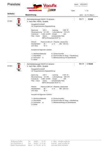 Artikelliste Zentralstaubsauger SACH - Vacufix