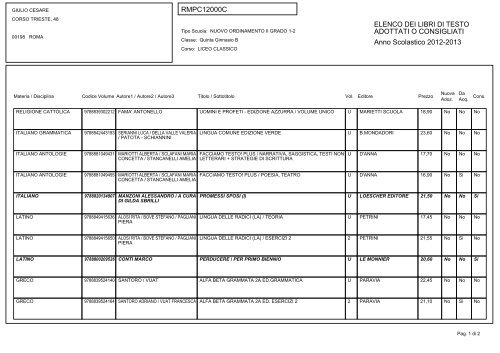 Elenco dei libri di testo in adozione - Liceo Giulio Cesare