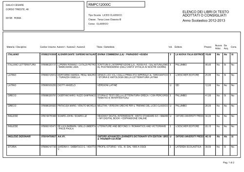 Elenco dei libri di testo in adozione - Liceo Giulio Cesare