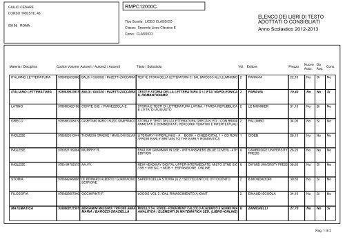 Elenco dei libri di testo in adozione - Liceo Giulio Cesare
