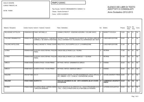 Elenco dei libri di testo in adozione - Liceo Giulio Cesare