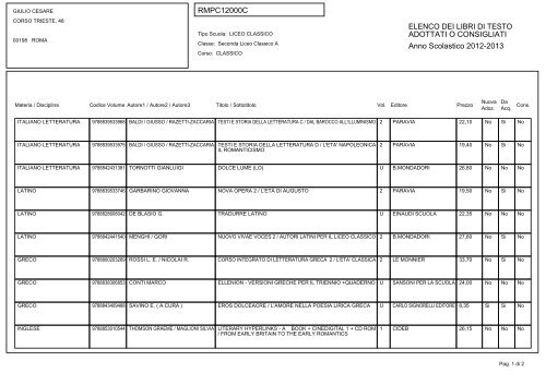 Elenco dei libri di testo in adozione - Liceo Giulio Cesare