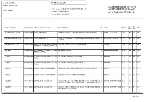 Elenco dei libri di testo in adozione - Liceo Giulio Cesare