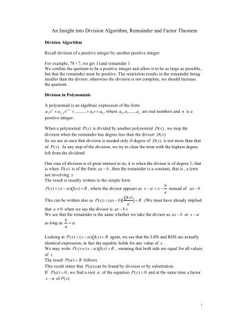 An Insight into Division Algorithm, Remainder and Factor Theorem