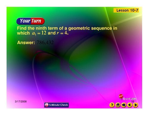 10-7 Geometric Sequences 10-7 Geometric Sequences