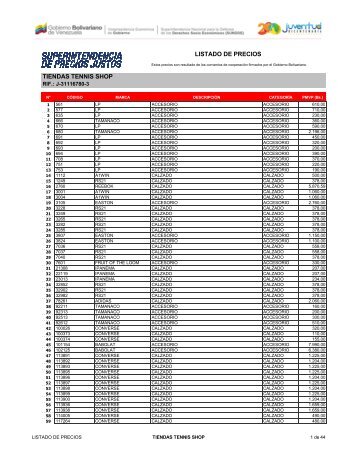 Lista de Precios - Tennis Shop