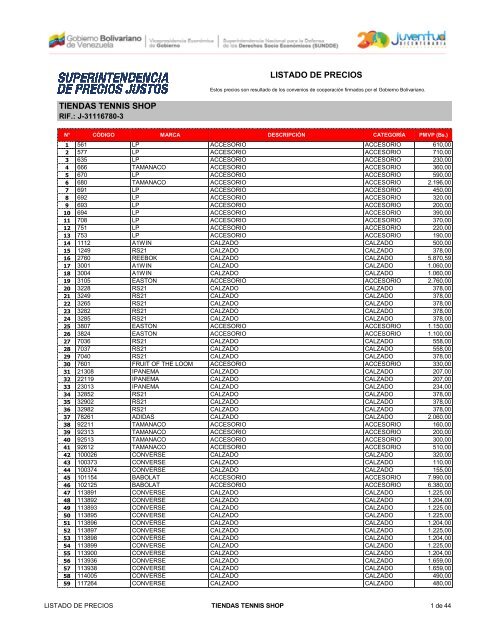 Lista de Precios - Tennis Shop