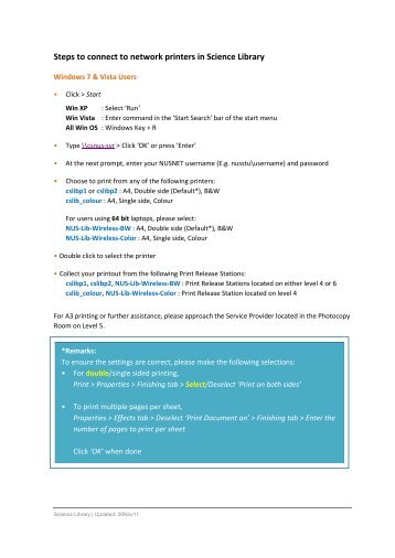 Steps to connect to network printers in Science Library - NUS Libraries