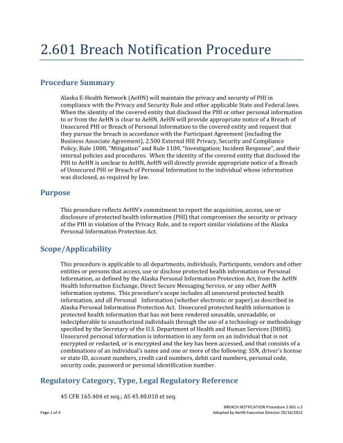 2.601 Breach Notification Procedure - Alaska eHealth Network