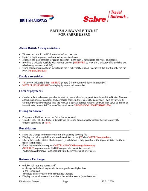 BRITISH AIRWAYS E-TICKET FOR SABRE USERS