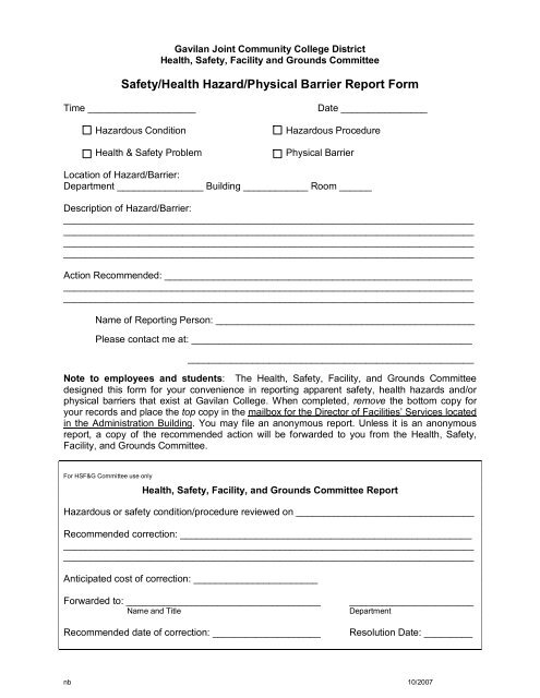 Safety/Health Hazard/Physical Barrier Report Form - Gavilan College