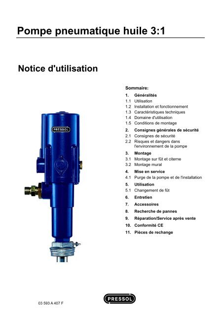 Pompe pneumatique huile 3:1 Notice d'utilisation - Pressol