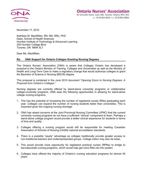 Letter in support of Colleges Ontario nursing degree granting proposal
