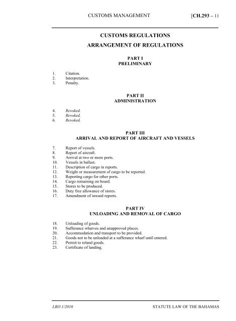 Customs Regulations The Bahamas Laws On Line