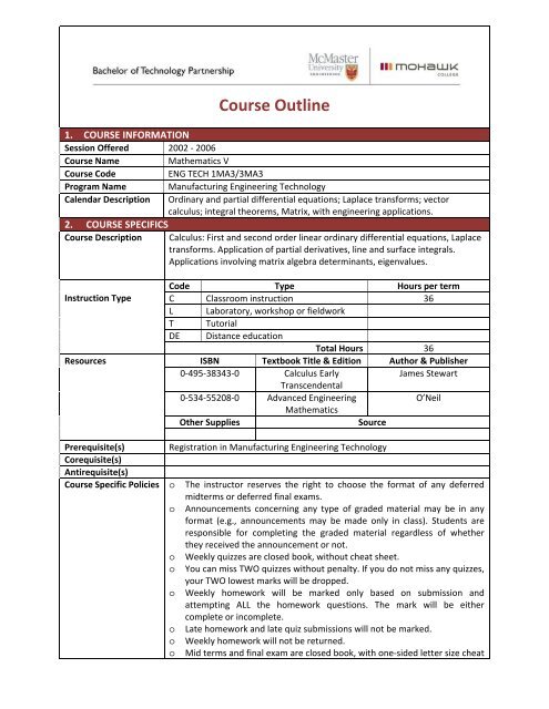 Eng Tech 3ma3 Course Outline 2002 To 2006 Mcmaster