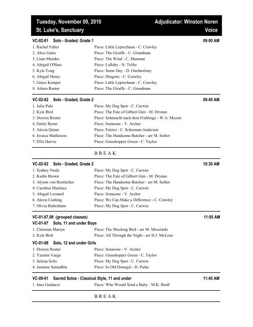 Programme Schedule - Rotary Burlington Music Festival