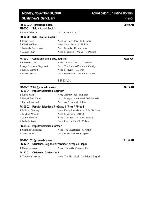 Programme Schedule - Rotary Burlington Music Festival
